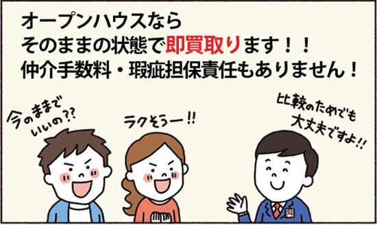 事例紹介マンガ　オープンハウスならそのままで即買取、仲介手数料や瑕疵担保責任もなし